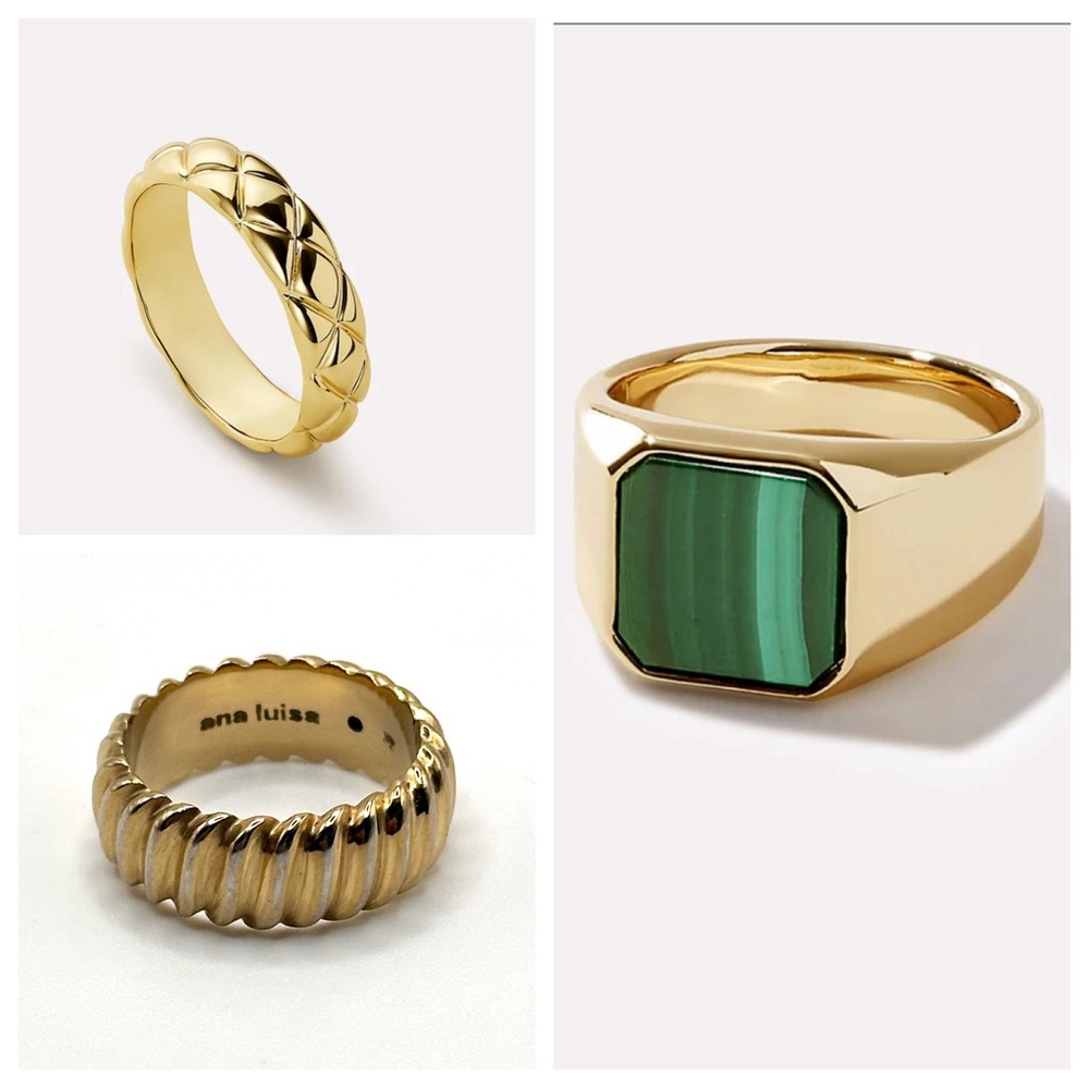 Set of 3 Ana Luisa Gold Tone Rings, Michelle Malachite, Zeta, Textured Stacking